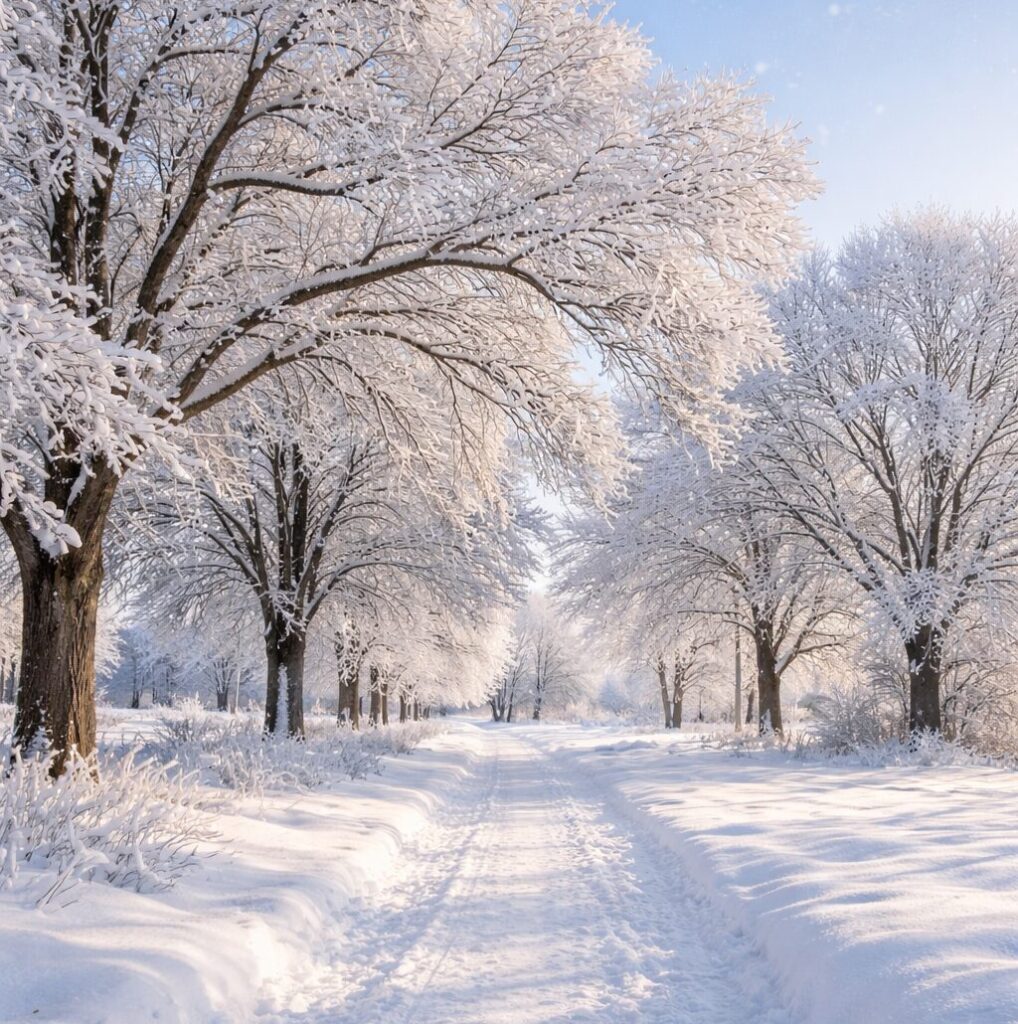 Snowy scene of a tree-lined path